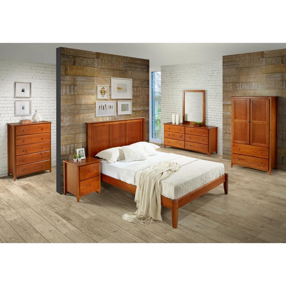 Mission Cherry Pine Queen Bed with Upholstered Headboard and Storage Drawer