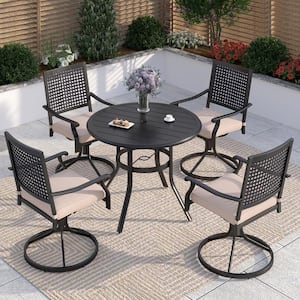 5-Piece Aluminum Patio Outdoor Dining Set with Round Slat Table and Bull's Eye Pattern Swivel Chairs with Beige Cushions