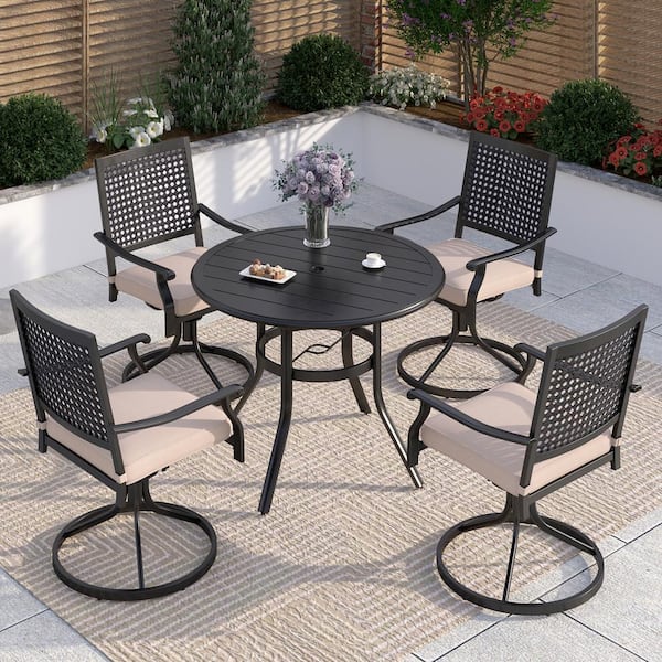 PHI VILLA 5-Piece Aluminum Patio Outdoor Dining Set with Round Slat Table and Bull's Eye Pattern Swivel Chairs with Beige Cushions