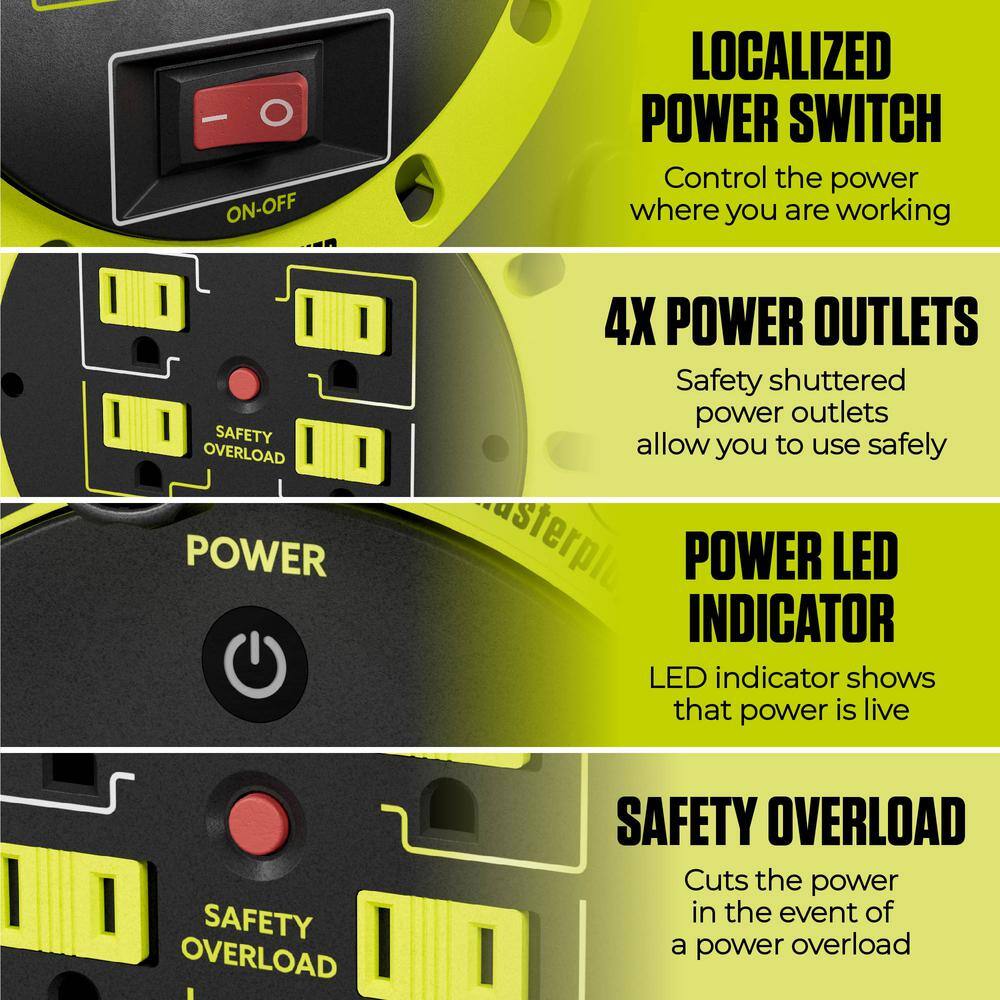 40ft Gray and Yellow PVC Extension Cord Reel with 4 Outlets