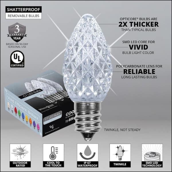 OptiCore 24 ft. 25-Light LED Cool White Faceted C7 Twinkle String Light Set