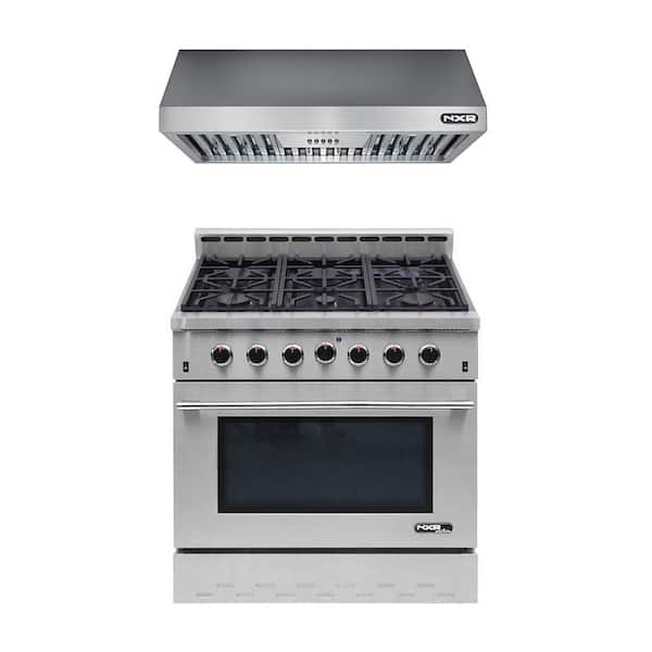 Entree Bundle 36 in. 5.5 cu. ft. Pro-Style Liquid Propane Range Convection Oven Range Hood in Stainless Steel and Black