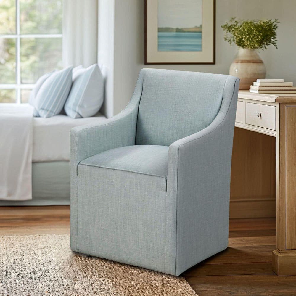 Blue Upholstered Skirted Dining Arm Chair with Casters