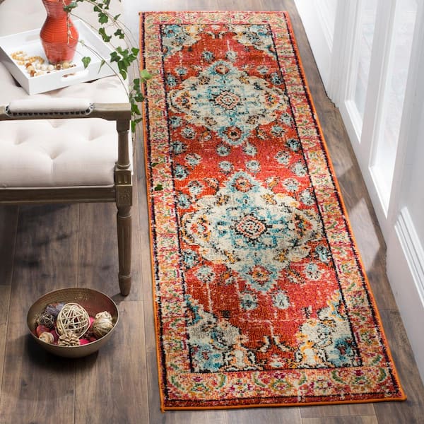 Monaco Orange/Light Blue 2 ft. x 20 ft. Distressed Border Medallion Runner Rug