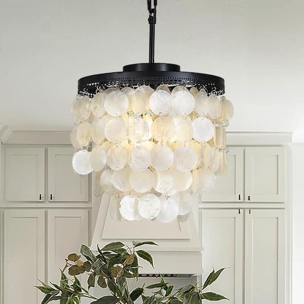 ALOA DECOR Dickison 3-Light Statement Tiered Matt Black Metal Chandelier with Seashell Accents