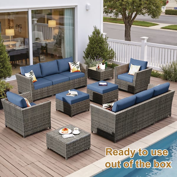 XIZZI Jasmine 12-Piece Wicker Outdoor Sectional Set with Denim