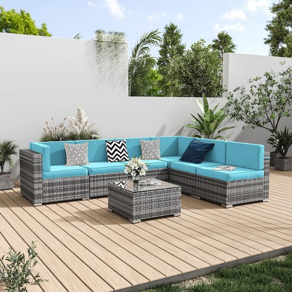 7 Seat 6-Piece Wicker Outdoor Patio Conversation Sectional Deep Seating Sofa Set with Sky Blue Cushions, Coffee Table