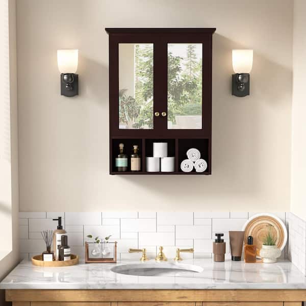 23.6 in. W x 7.5 in. D x 30.4 in. H Oversized Bathroom Storage Wall Cabinet with Adjustable Shelves and Mirror, Espresso