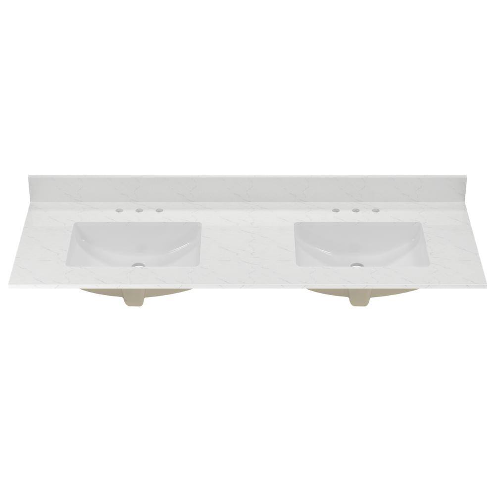 61" White Engineered Stone Double Vanity Top with Ceramic Sinks