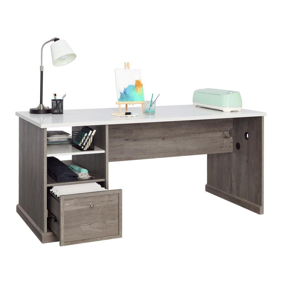 Mystic Oak and White Craft Table with Drawer and Power Outlet