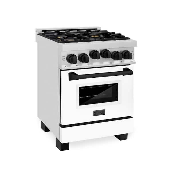 ZLINE Kitchen and Bath Autograph Edition 24 in. 4 Burner Single Oven Gas Range with Matte White Door & Matte Black Accents in Stainless Steel