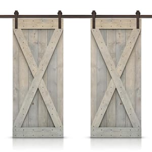 X 64 in. x 84 in. Smoke Gray Stained DIY Solid Pine Wood Interior Double Sliding Barn Door with Hardware Kit