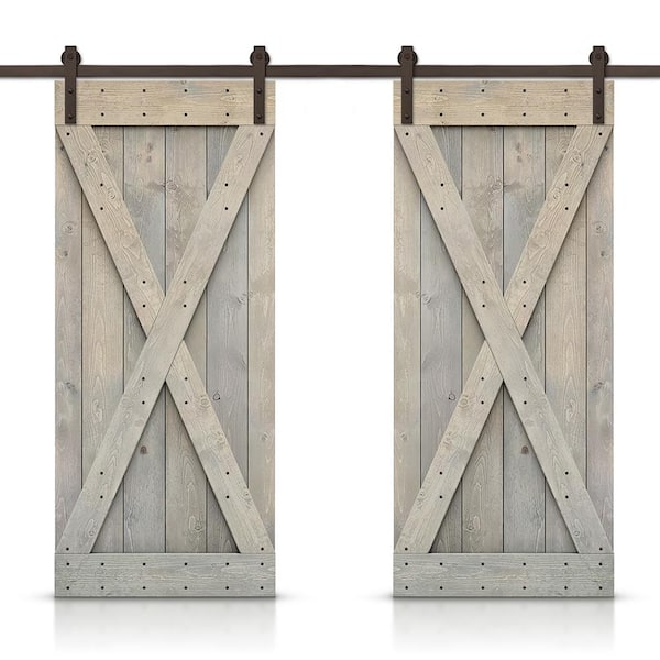 CALHOME X 96 in. x 84 in. Smoke Gray Stained DIY Solid Pine Wood Interior Double Sliding Barn Door with Hardware Kit
