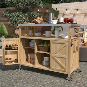 50.25 in. Natural Farmhouse Solid Wood Outdoor Kitchen Island Grill Cart with Stainless Steel Top