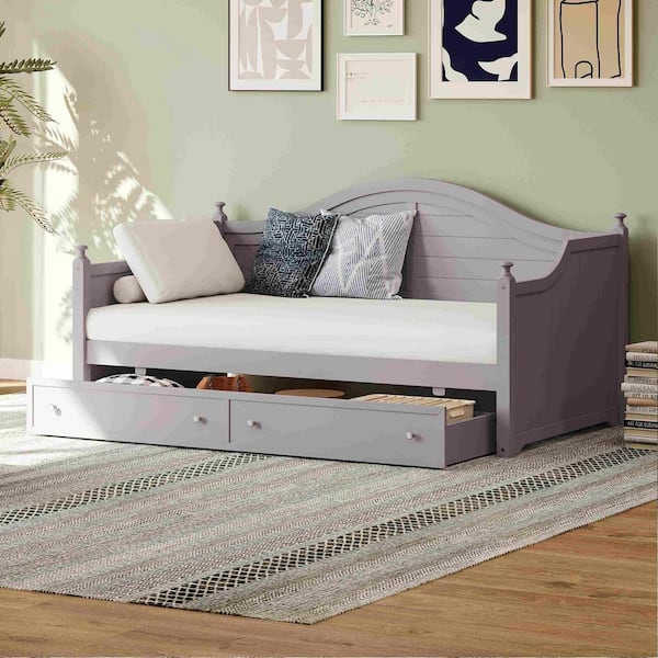 Light Grey Twin Daybed with 2 Storage Drawers, Handrail