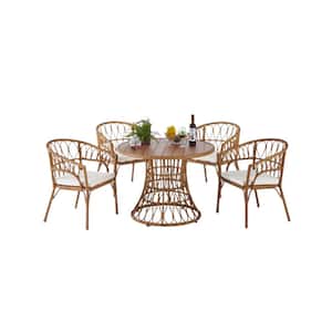 Antique Brown 5-Piece PE Wicker Outdoor Dining Table and Chair Set with White Cushions