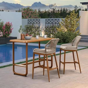 Modern Teak 3-Piece Aluminum Rectangle Table Counter Height Wicker Bar Outdoor Bistro Set with Cushions