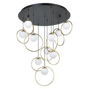 Portocolom 23 in. W x 32.28 in. H 10-Light Black Statement LED Pendant Light with Brass Rings and White Glass Spheres