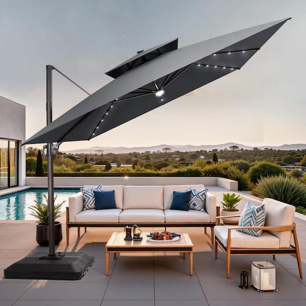 contemporary patio umbrellas DecoScape The Grand 13' Cantilever Umbrella The series comes in either a mirror anodized or wood grain finish and a choice of any Sunbrella Awning fabric Contemporary - Patio Umbrellas -