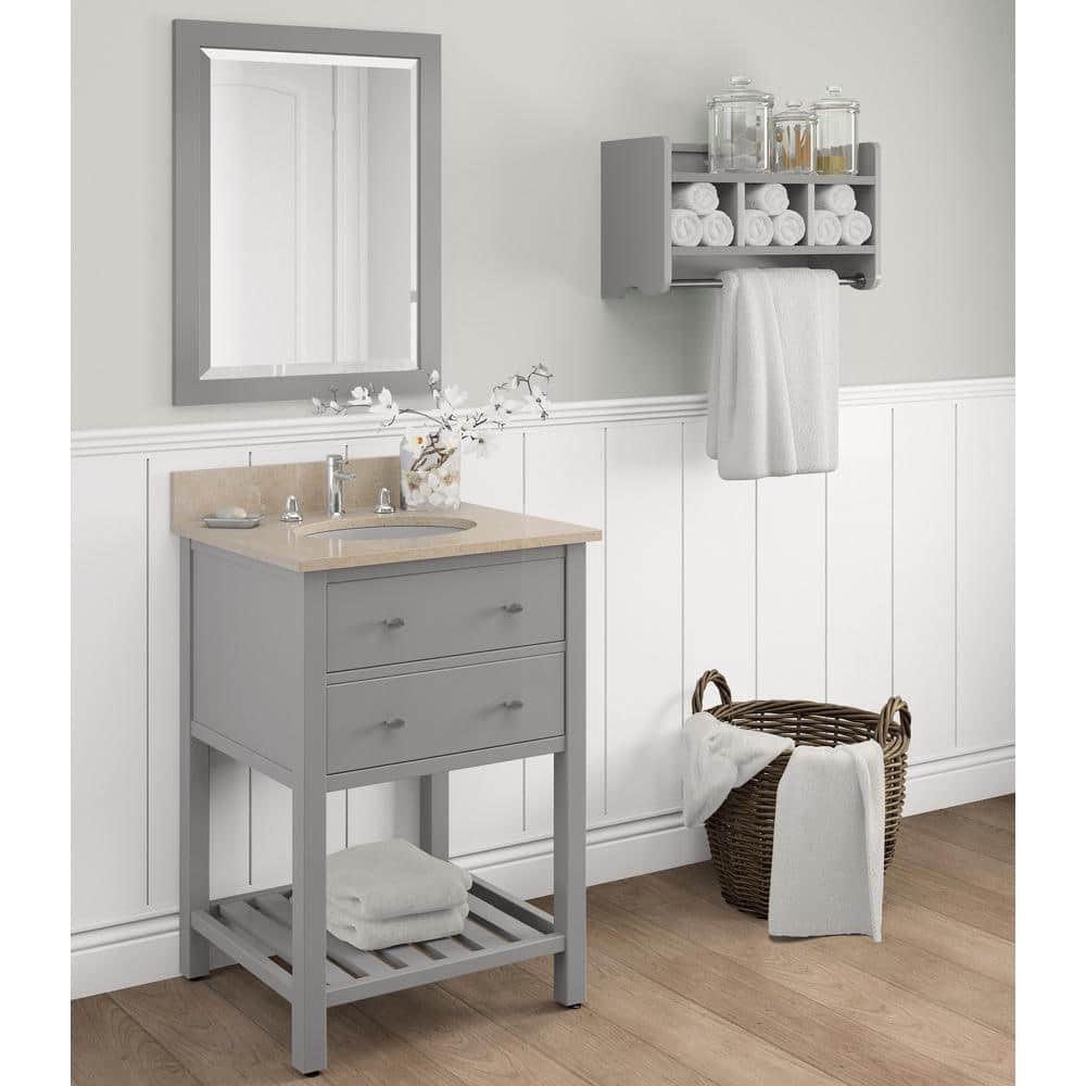 Gray Wood 25" Wall-Mounted Bath Storage Shelf with Dual Towel Rods
