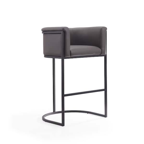 Manhattan Comfort Cosmopolitan 29.5 in. Pebble and Black Metal Bar Stool with Faux Leather Upholstered Seat