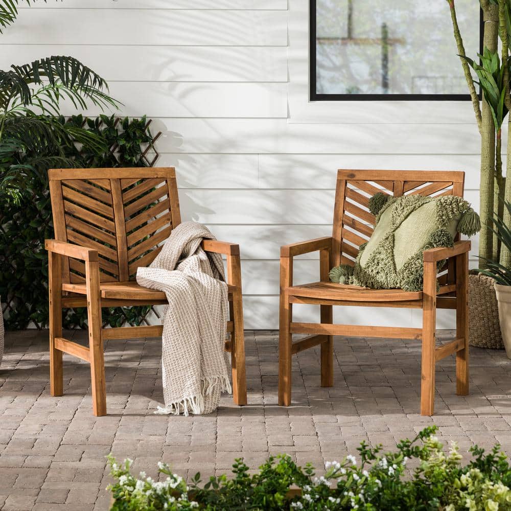 Set of 2 Brown Chevron Slatted Acacia Wood Patio Chairs