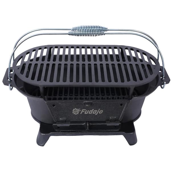 Siavonce Oval Cast Iron Grill Outdoor, Portable Charcoal Grill and Tabletop Cast Iron Skillet, Small Charcoal Grill in Black