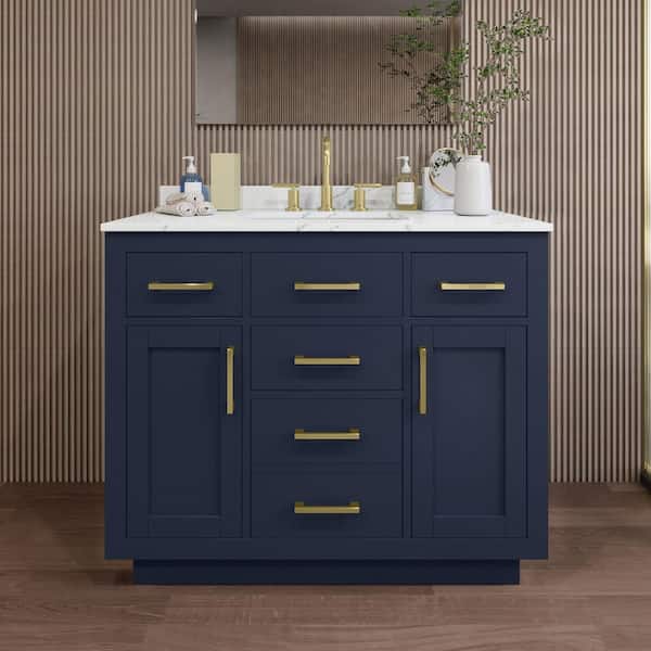 Wyndham Collection Beckett TK 42 in. W x 22 in. D x 35 in. H Single Bath Vanity in Dark Blue with Giotto Quartz Top