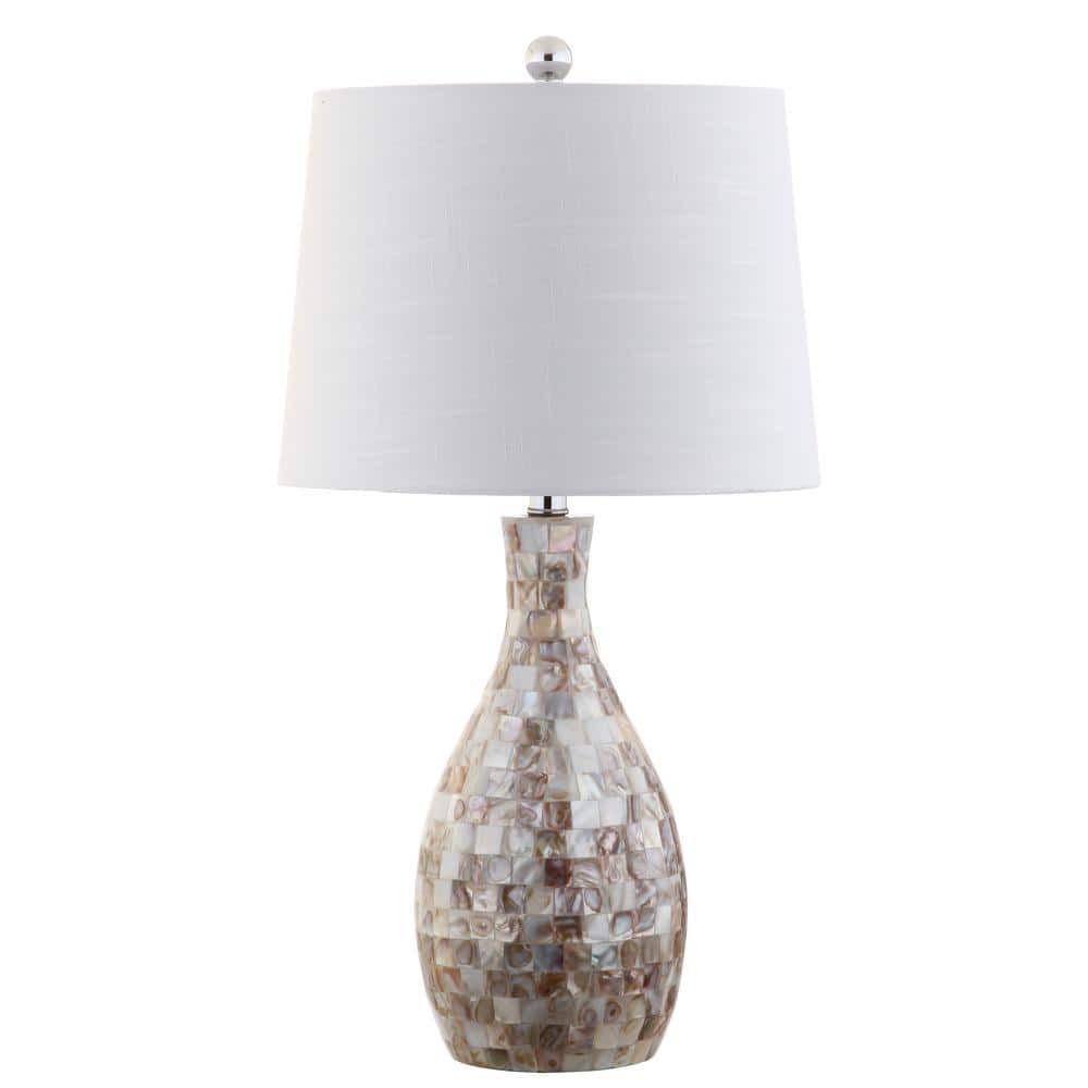 Ivory and Beige Capiz Shell Mosaic Table Lamp with White Linen Shade