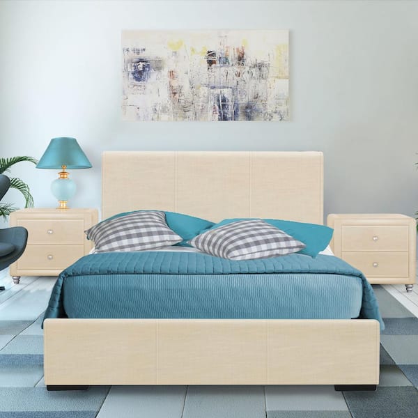 Hindes Beige Wood Frame King Size Platform Bed Upholstered with 1 Nightstand
