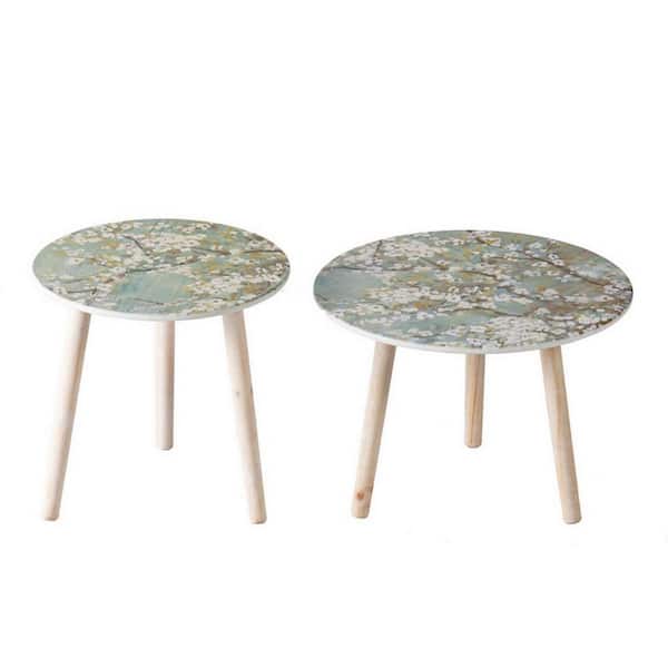 Benjara 35.4 in. Blue and Brown Round Wood End/Side Table with Wooden Frame (Set of 2)