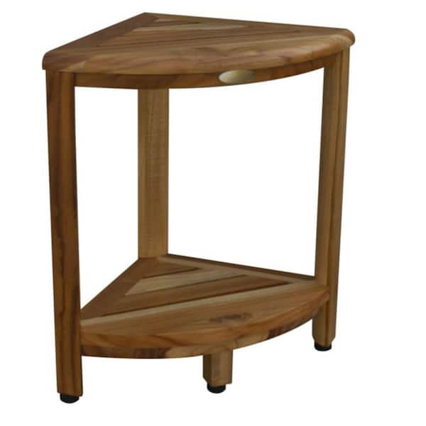 Compact Teak Corner Shower or Outdoor Bench with Shelf in Natural Finish Compact Teak Corner Shower or Outdoor Bench with Shelf in Natural Finish
