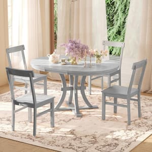 5-Piece Round Gray Wood Top Extendable Dining Table Set with 15.7 in. Removable Leaf, 4 Curved Chairs