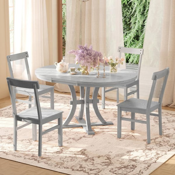Harper & Bright Designs 5-Piece Round Gray Wood Top Extendable Dining Table Set with 15.7 in. Removable Leaf, 4 Curved Chairs