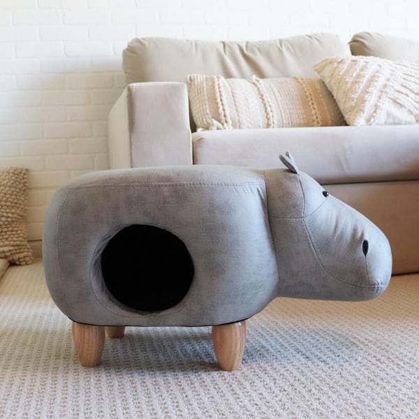 suede with wooden legs Mini Grey Hippo stool footstool faux leather 