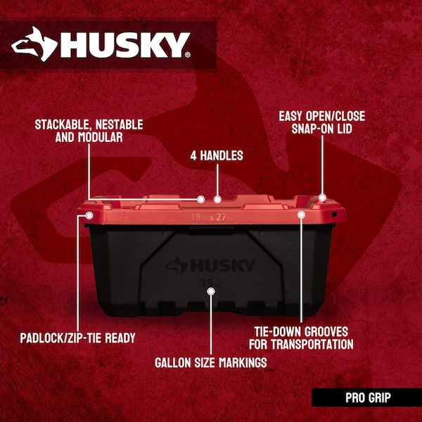 Husky - 19 Gal. Pro Grip Storage Tote in Black with Red Lid