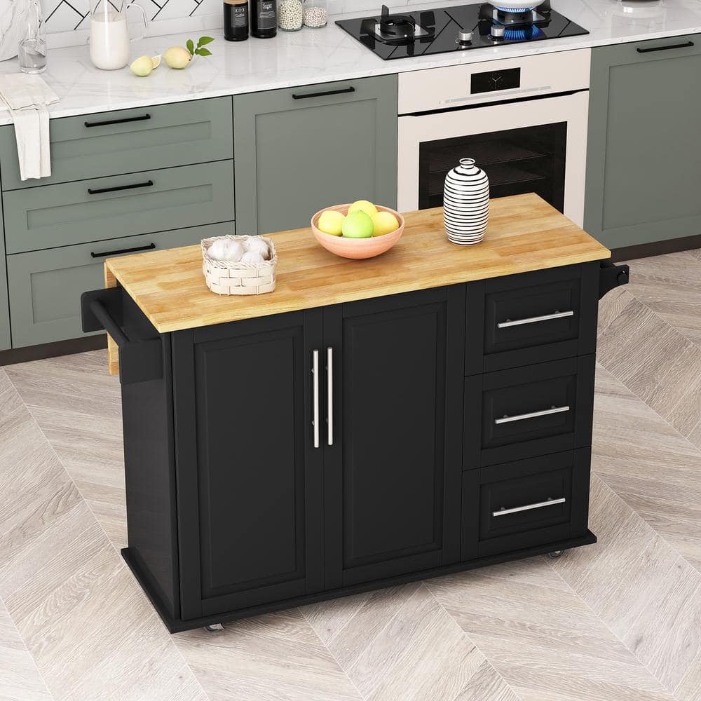 FUNKOL Black Wood Rolling 53.54 in. W Kitchen Island with Deciduous