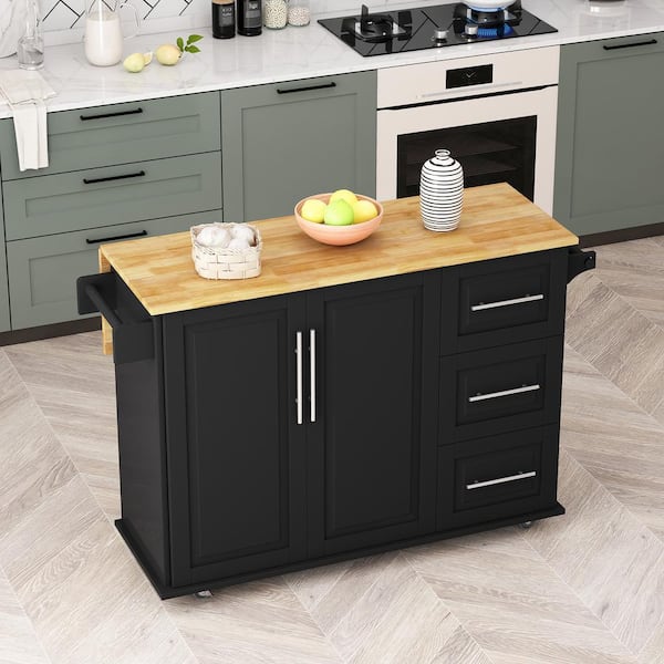 FUNKOL Black Wood Rolling 53.54 in. W Kitchen Island with Deciduous Desktop