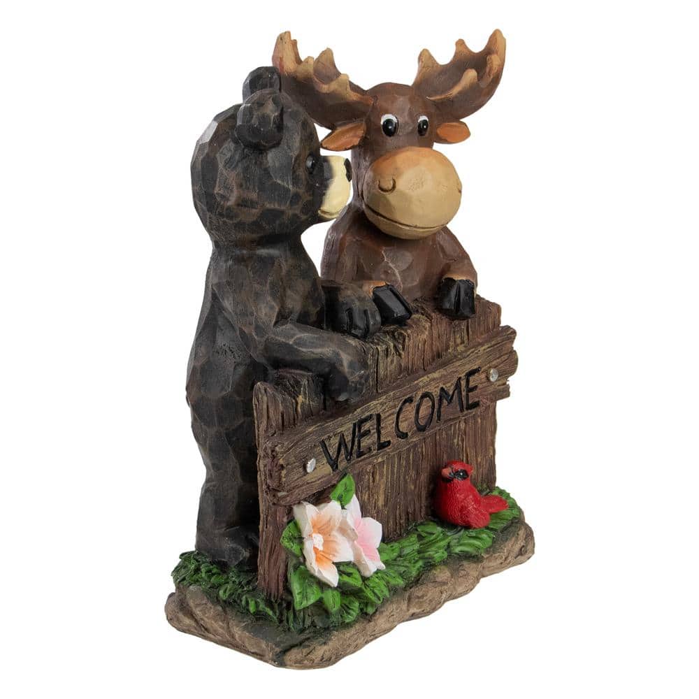 Black Bear and Moose Welcome Garden Statue with Cardinal