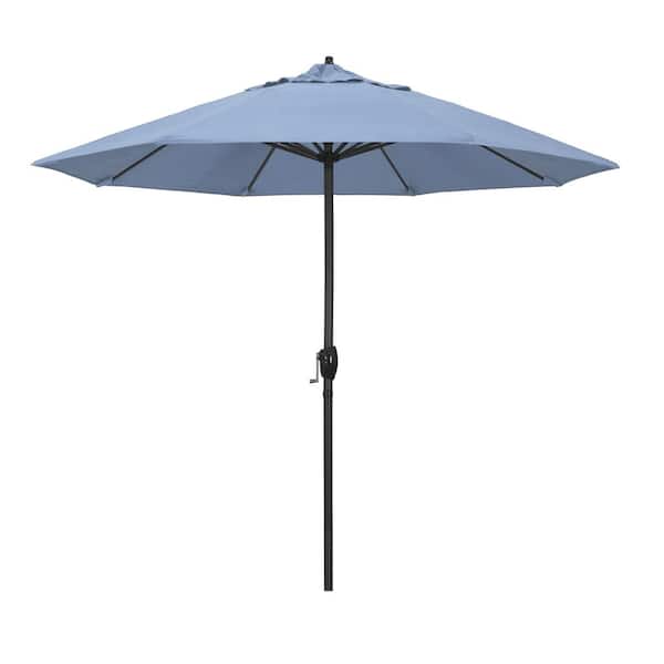 9 ft. Black Aluminum Market Patio Umbrella Auto Tilt in Air Blue Sunbrella