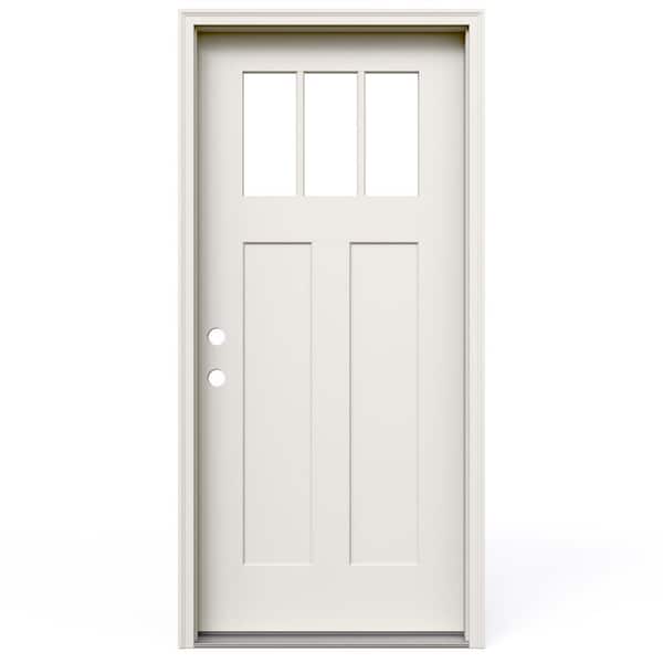 36 in. x 80 in. 2-Panel Right-Hand/Inswing 3-Lite Clear Direct Glaze Primed Fiberglass Prehung Front Door w/ Brickmould