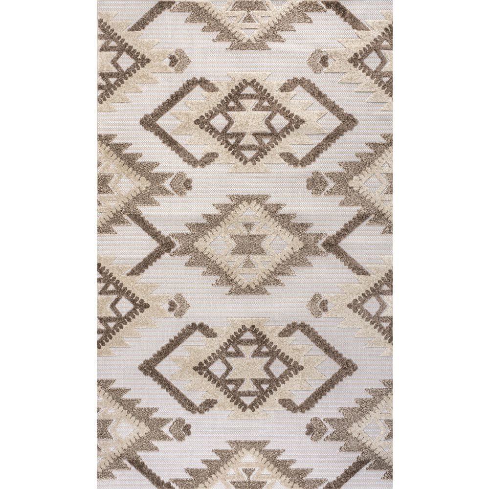 Ivory and Brown Geometric Synthetic 4' x 6' Indoor/Outdoor Rug