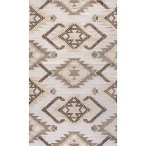 Sumak High-Low Pile Neutral Diamond Kilim Brown/Ivory 5 ft. x 8 ft. Indoor/Outdoor Area Rug