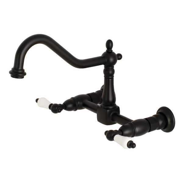 Kingston Brass Heritage 2-Handle Wall Mount Kitchen Faucet in Matte Black