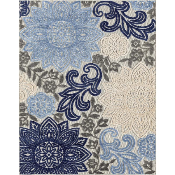 Tayse Rugs Oasis Floral Blue 8 ft. x 10 ft. Indoor/Outdoor Area Rug