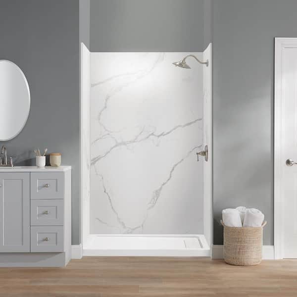48 in. x 34 in. x 78 in. Four Piece Glue-Up Alcove Shower Wall Surround in Calacatta White Marble