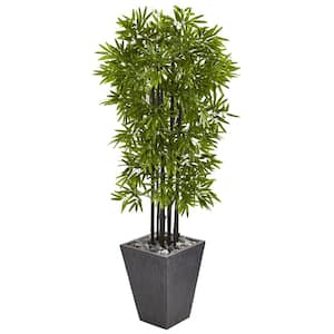 Indoor/Outdoor 61 in. Bamboo Artificial Tree with Black Trunks in Slate Planter UV Resistant