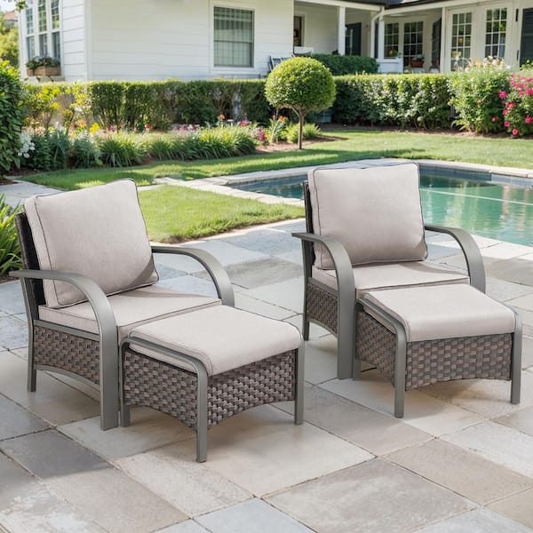 ArcMetal 4-Piece Brown Wicker Outdoor Lounge Chairs Patio Armchairs with Beige Cushions and Ottomans