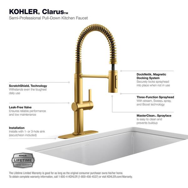 KOHLER Clarus Single Handle Pull Down Sprayer Kitchen Faucet in Vibrant Brushed Moderne Brass