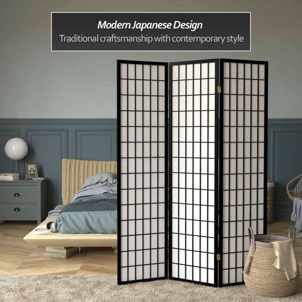 Black 6 ft Tall Shoji Screen with 3 Panels